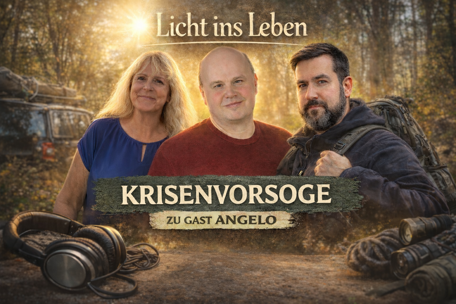 in warmem Goldlicht: Vor unscharfem Wald mit tief stehender Sonne stehen 3 Personen nebeneinander – links Brigitte im blauen Oberteil, in der Mitte Jörg mit rotem Pullover, rechts Angelo in dunkler Outdoorjacke mit Rucksack. Oben steht groß „Licht ins Leben“. Darunter folgt der große Titel „KRISENVORSORGE“ und die Zeile „ZU GAST ANGELO“. Unten liegt auf einem Holztisch Ausrüstung: links große Kopfhörer, rechts zusammengerolltes Seil und eine Taschenlampe.