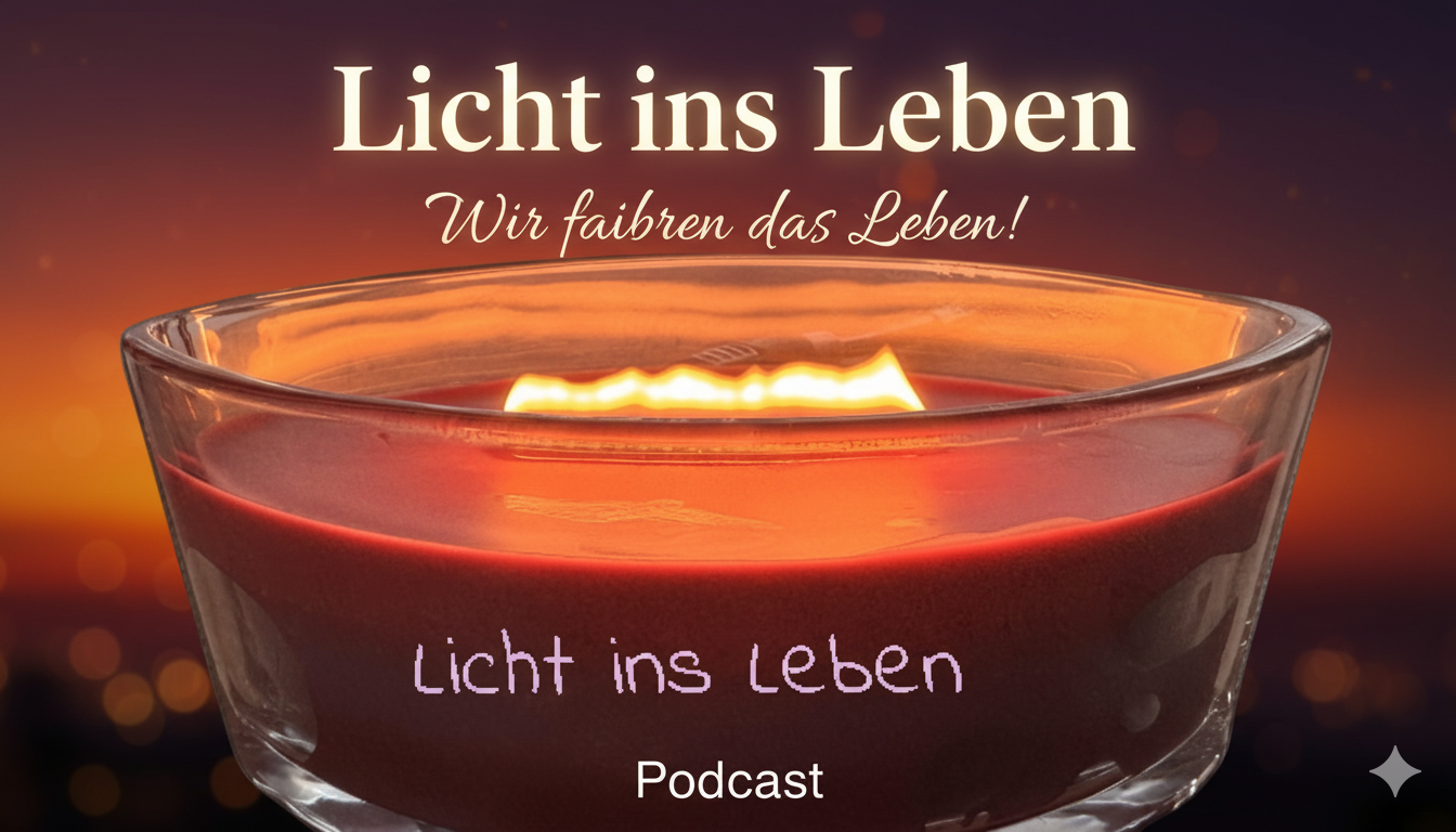 Titelbild des Licht ins Leben Podcasts. Eine ovale Kerze mit breitem Holzdocht in Beerenfarbe die brennt und auf der in hell violetter Schrift "Licht ins Leben" steht.